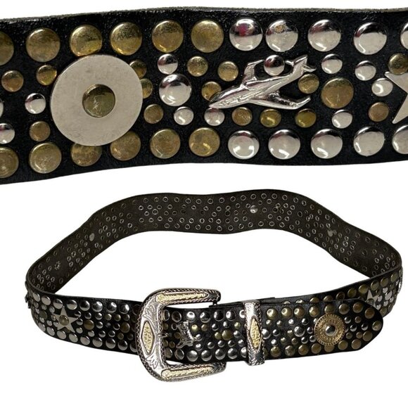 Vintage German Studded Leather Belt Airplane Star Boot Conchos Western 30\